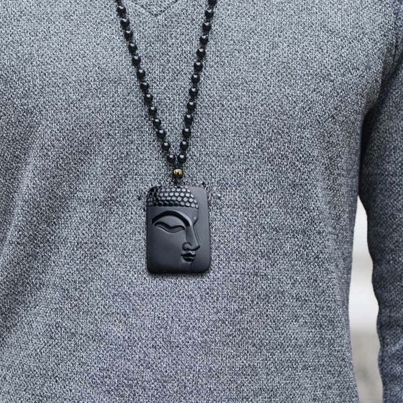 Natural Black Obsidian mystic zen Prayer Purification Luck Pendant Necklace