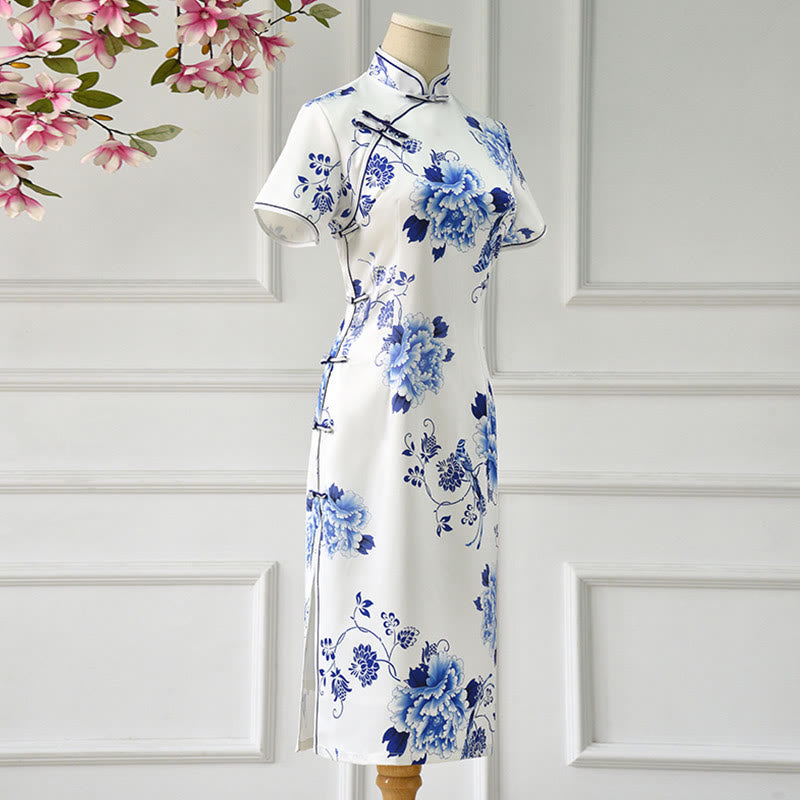 Blue And White Porcelain Color Peony Flower Pattern Cheongsam Dress Women's Qipao Dress