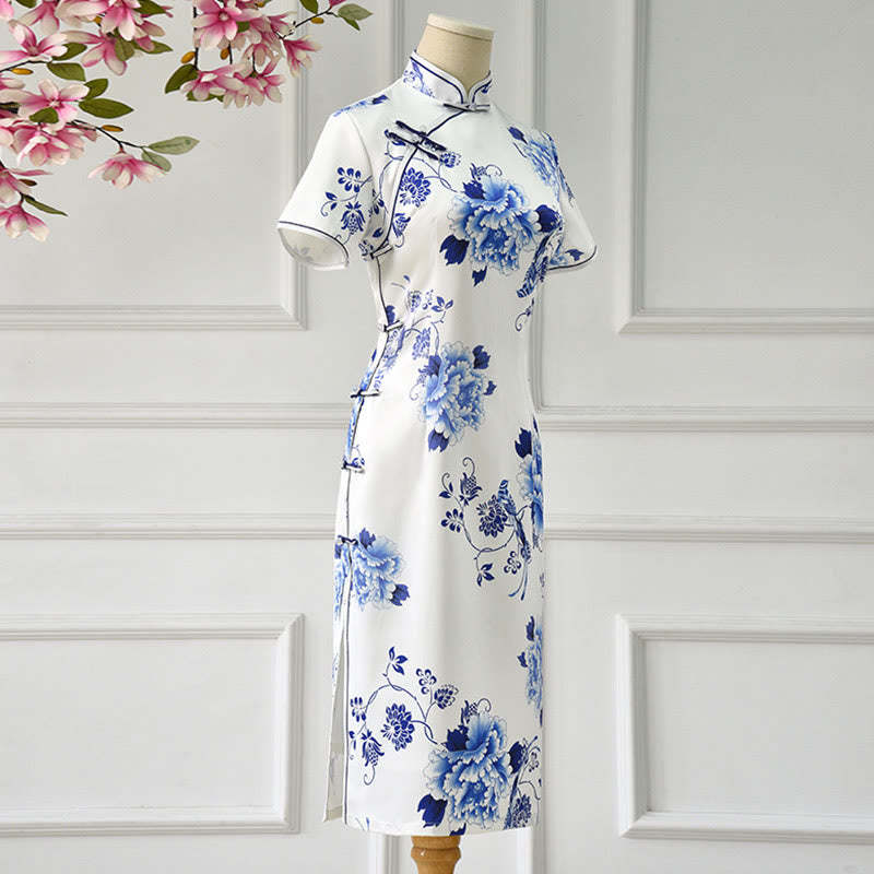 Blue And White Porcelain Color Peony Flower Pattern Cheongsam Dress Women's Qipao Dress