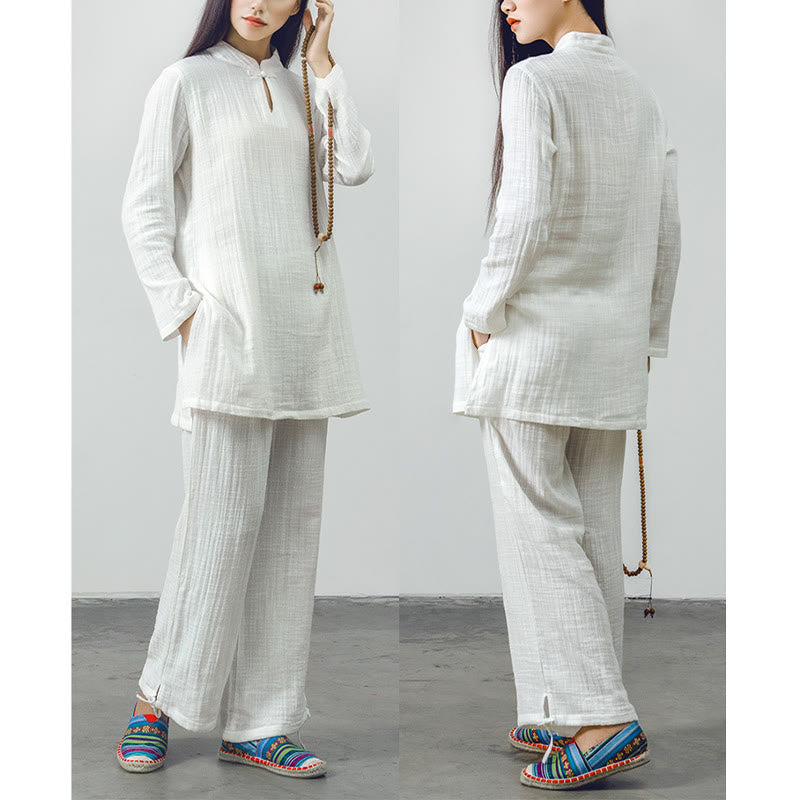 2Pcs Tang Suit Frog-Button Shirt Top Pants Meditation Zen Tai Chi Cotton Linen Clothing Women's Set