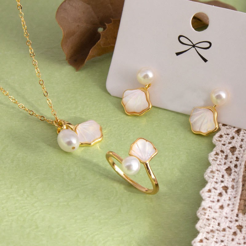 Ginkgo Tridacna Stone Pearl Bead Copper Blessing Necklace Pendant Ring Earrings Set