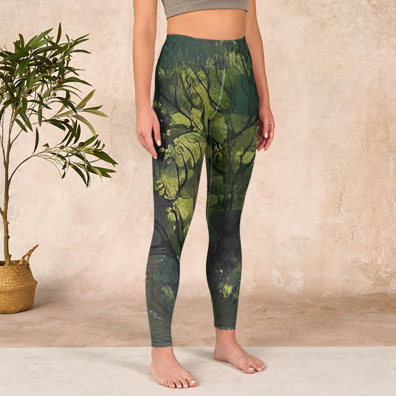 ForestGreen Leaves Black Lines Print Exercise Leggings Women's Yoga Pants