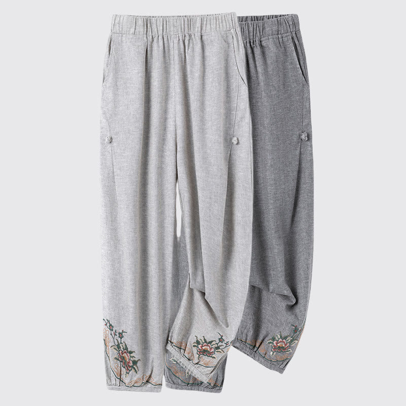 Casual Flower Embroidery Women's Cotton Linen Pants With Pockets