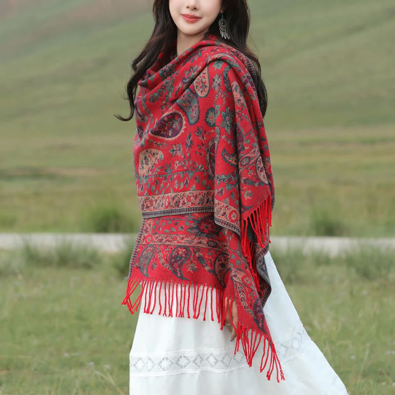 Tibetan Cashew Flowers Leaves Vine Tassels Shawl Fall Winter Soft Cozy Scarf Wrap