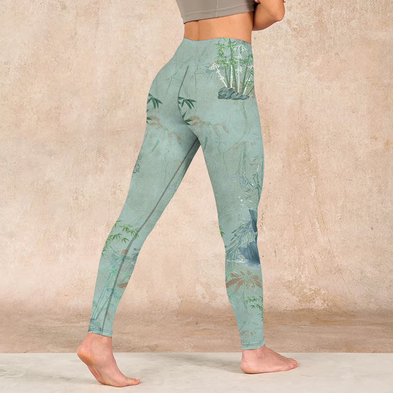 Green Bamboo Rocks Print Sports Fitness Leggings Women's Yoga Pants