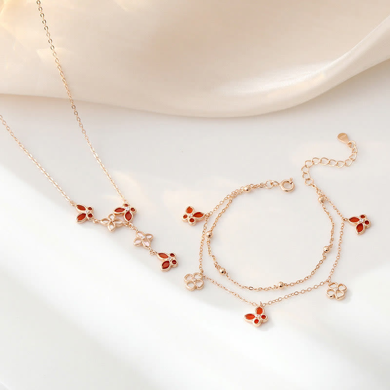 925 Sterling Silver Red Agate Tridacna Stone Butterfly Four Leaf Clover Calm Bracelet Necklace Pendant Set