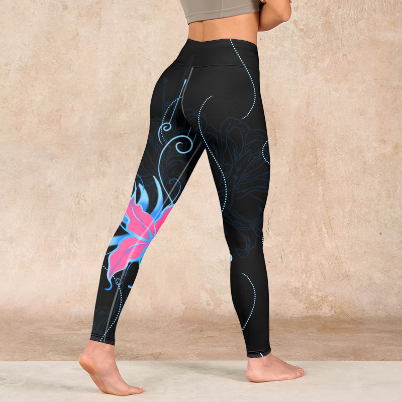 Black Pink Blue Flowers Print Fitness Leggings Women's Yoga Pants