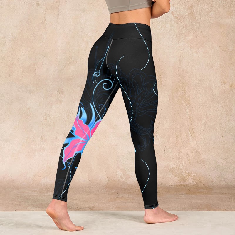 Black Pink Blue Flowers Print Fitness Leggings Women's Yoga Pants