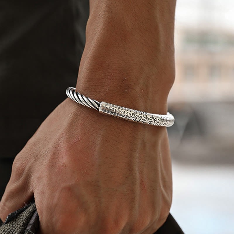 999 Sterling Silver Six True Words Heart Sutra Braided Design Lotus Protection Bracelet Bangle