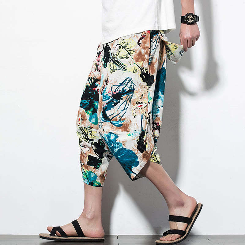 Flowers Leaves Brown Blue Painting Print Cotton Men's Long Cropped Harem Pants With Pockets
