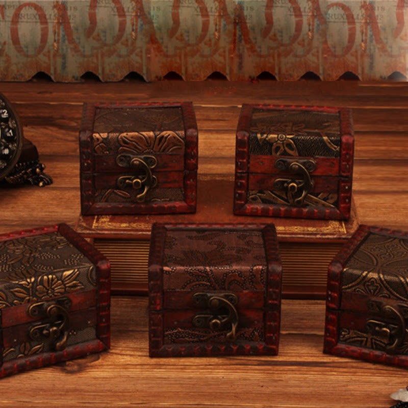Retro Small Square Wood Jewelry Box Lotus Grass Flower Grape Copper Coin Daffodil Jewelry Storage Box