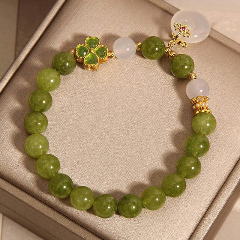 Green Tourmaline Chalcedony Four Leaf Clover Peace Buckle Charm Wisdom Bracelet