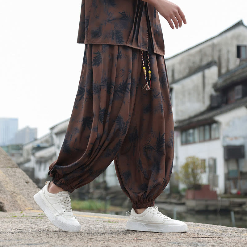 Bamboo Leaves Pattern Loose Men's Harem Pants With Pockets