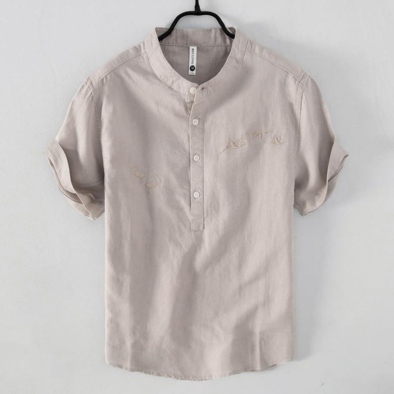 Soft Embroidery Crane Pattern Stand Collar Cotton Linen Half Button Men's Shirt