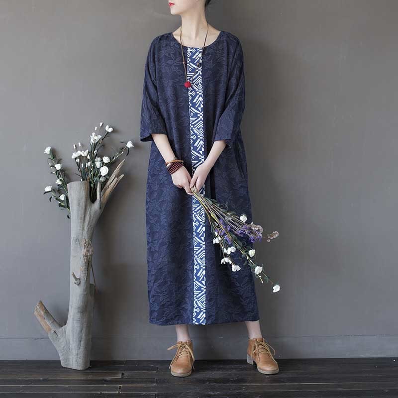 Blue Flowers Embroidery Jacquard Midi Dress Three Quarter Sleeve Cotton Dress With Pockets