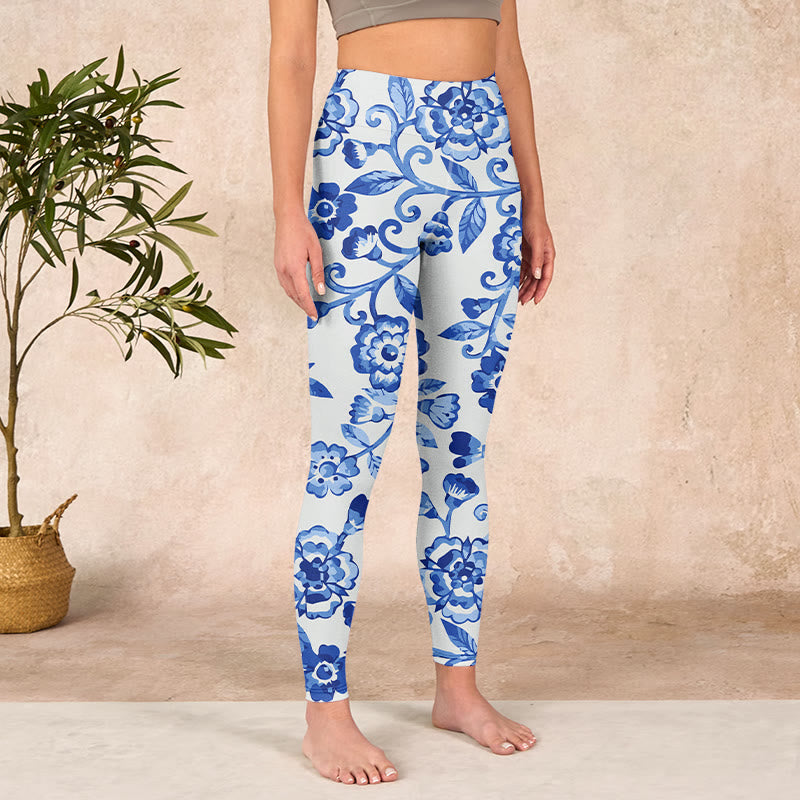 Blue Flowers Leaves Branches Print Gym Leggings Women's Yoga Pants