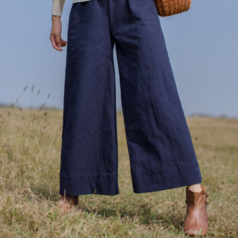 Casual Plain Loose Women's Ramie Wide Leg Pants With Pockets