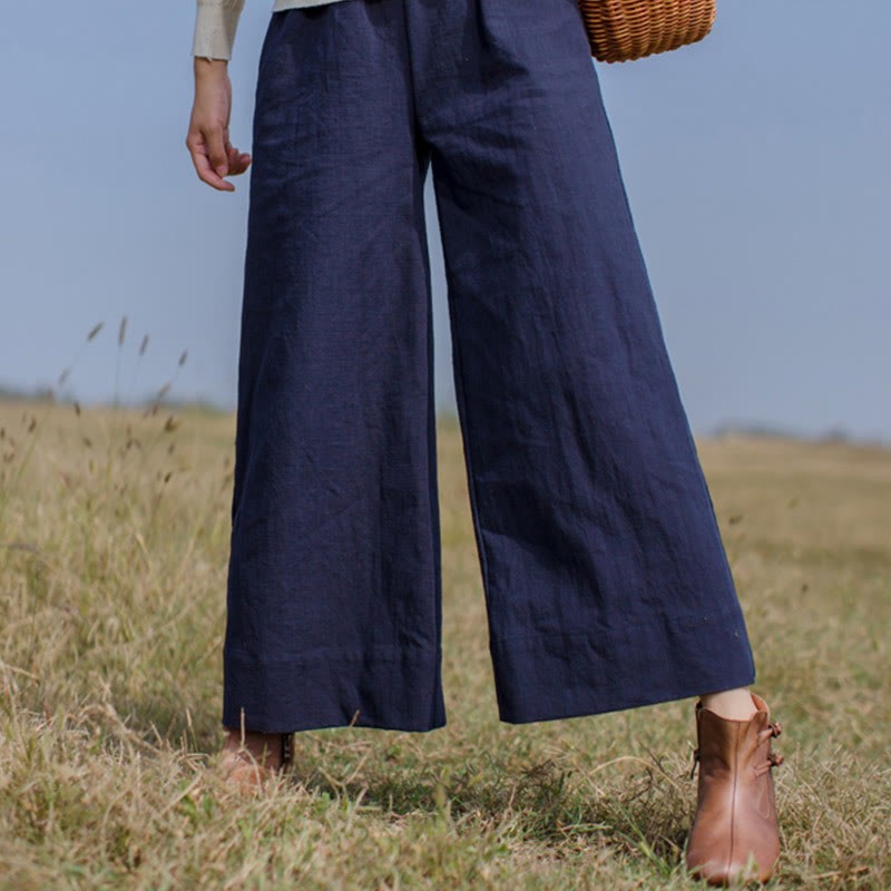 Casual Plain Loose Women's Ramie Wide Leg Pants With Pockets