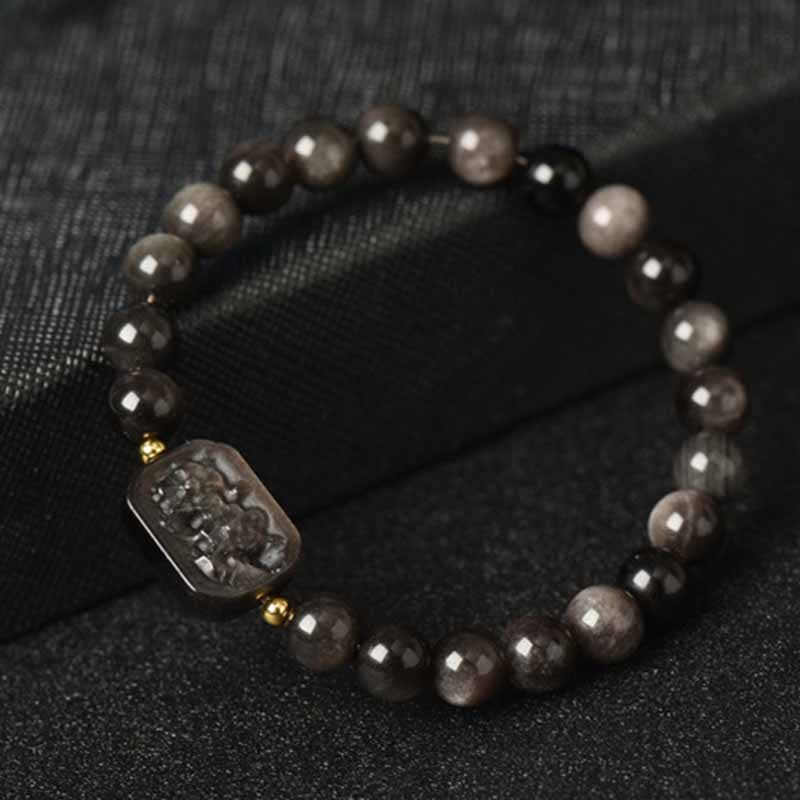 Silver Sheen Obsidian Lotus Flower Nine Tailed Fox Laughing mystic zen Protection Bracelet