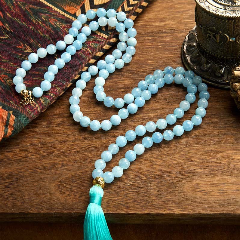108 Mala Beads Natural Stone Aquamarine Tassel Lotus Healing Bracelet