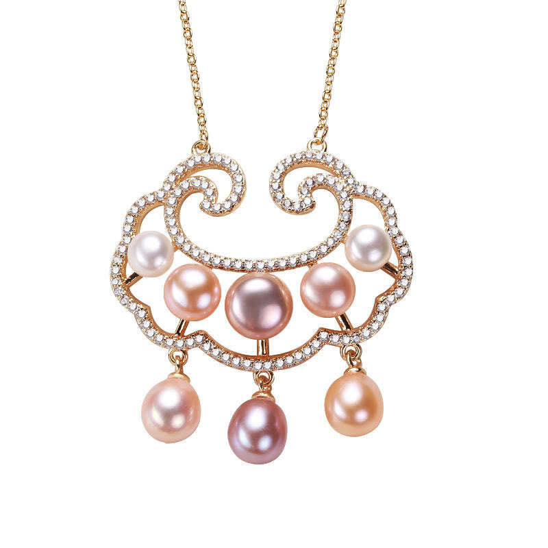 18K Gold Plated Natural Pearl Chinese Lock Charm Sincerity Necklace Pendant