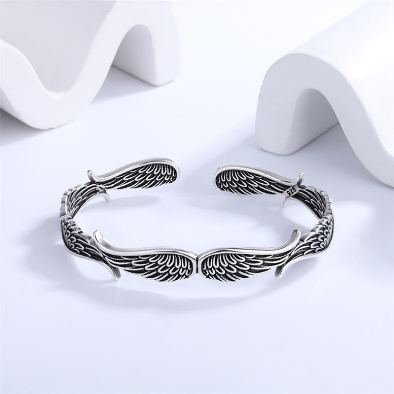 Angel Wings Feather Pattern Carved Luck Cuff Bracelet Bangle