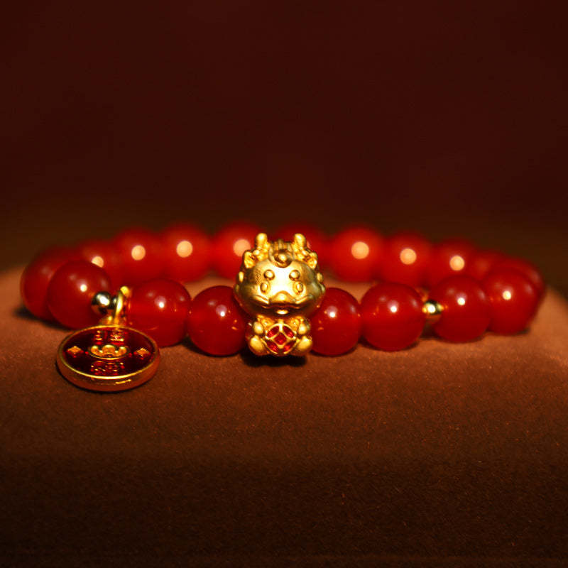 Year of the Dragon Natural Red Agate Copper Coin Attract Fortune Bracelet