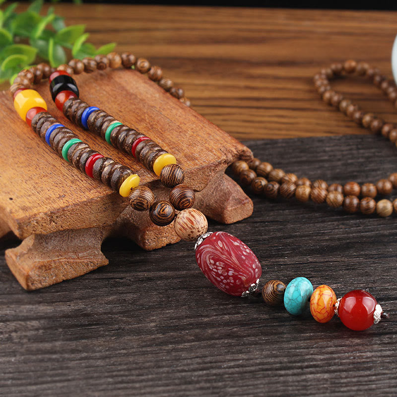 Tibetan Wenge Wood Bodhi Seed Agate Balance Peace Necklace Pendant