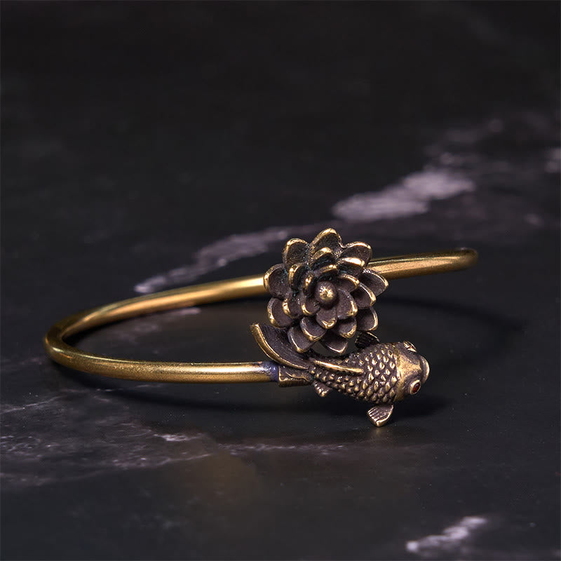 Lotus Flower Koi Fish Copper Brass Enlightenment Luck Bracelet Bangle