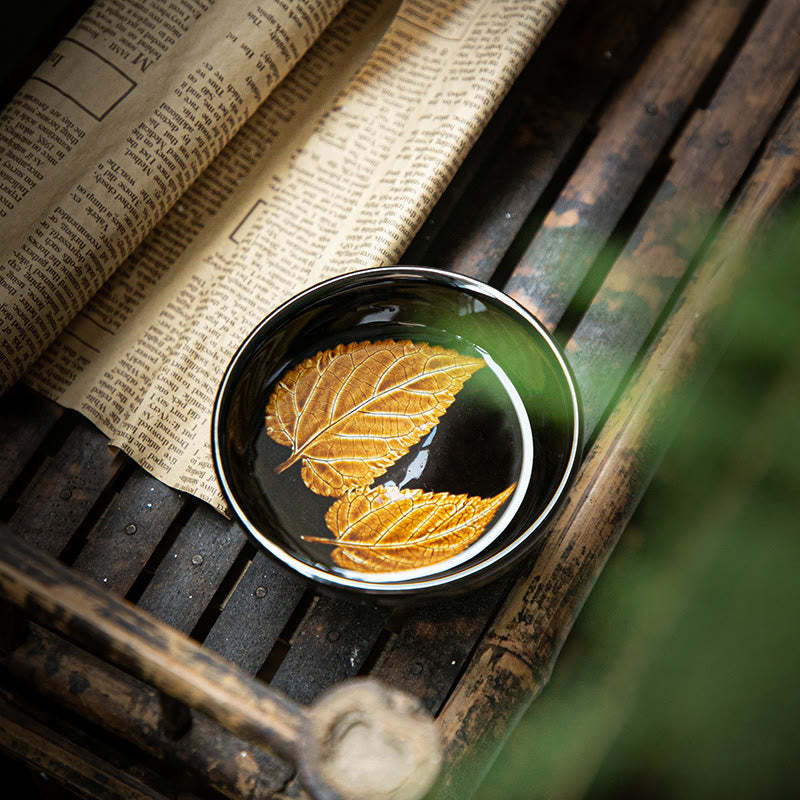Gold Maple Leaf Chinese Jianzhan Ceramic Teacup Tenmoku Kung Fu Tea Cup Bowl