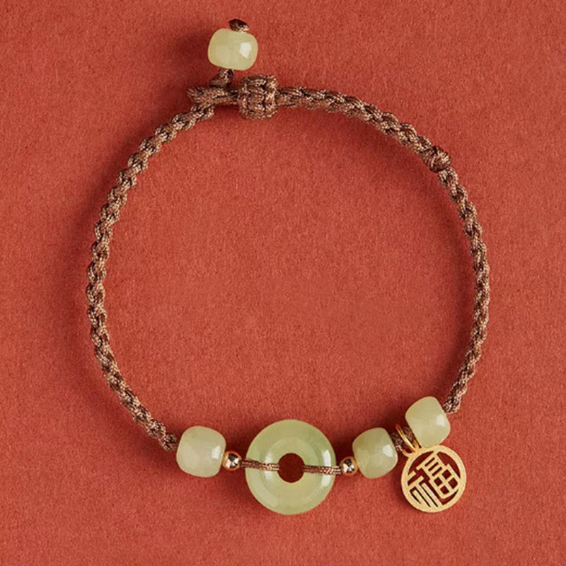 Round Peace Buckle Jade Lotus Happiness Abundance Wealth String Bracelet