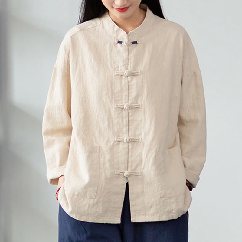 Solid Color Frog-button Long Sleeve Linen Women's Shirts With Pockets