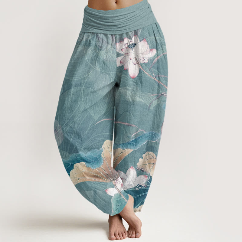 Lotus Flowers Leaves Pattern Women's Elastic Waist Harem Pants