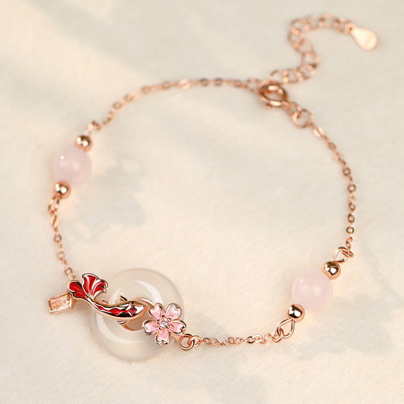 Chalcedony Pink Crystal 925 Sterling Silver Flowers Koi Fish Peace Buckle Positive Bracelet