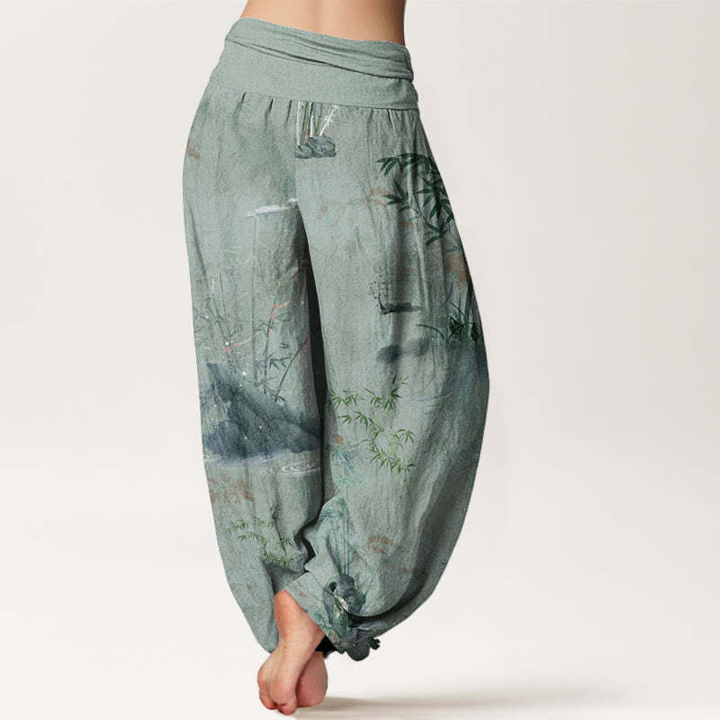 Casual Bamboo Rock Ink Painting Women's Elastic Waist Harem Pants