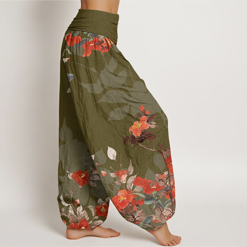 Red Flowers Green Leaves Bird Women's Elastic Waist Harem Pants