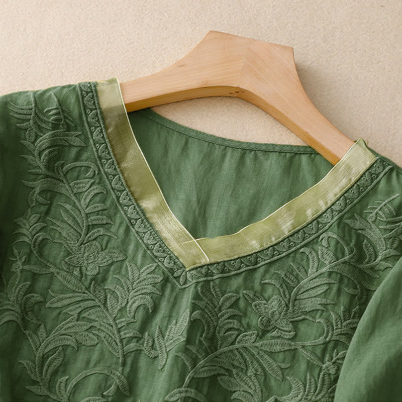 Casual Women's Plain Embroidered Plant V-neck Design Half Sleeve Cotton Linen Shirt