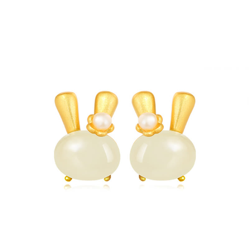 925 Sterling Silver Natural Hetian Jade Cute Rabbit Pearl Abundance Earrings
