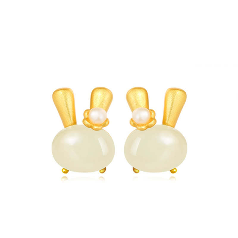 925 Sterling Silver Natural Hetian Jade Cute Rabbit Pearl Abundance Earrings