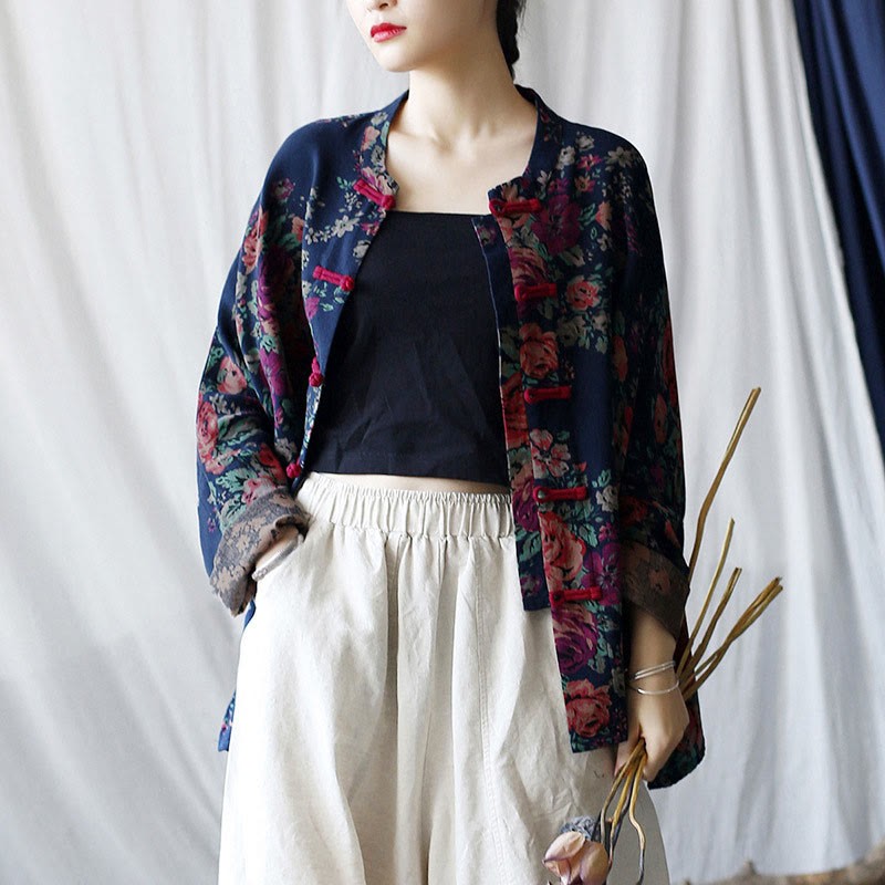 Red Flowers Green Leaves Print Frog-button Design Long Sleeve Cotton Linen Jacket Shirt