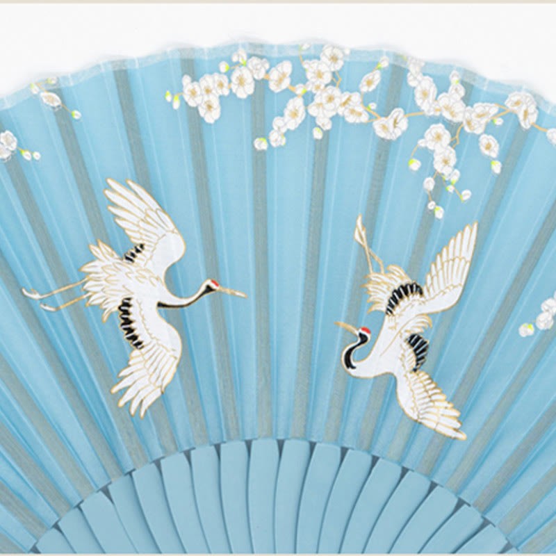 Crane Plum Blossom Handheld Silk Bamboo Folding Fan