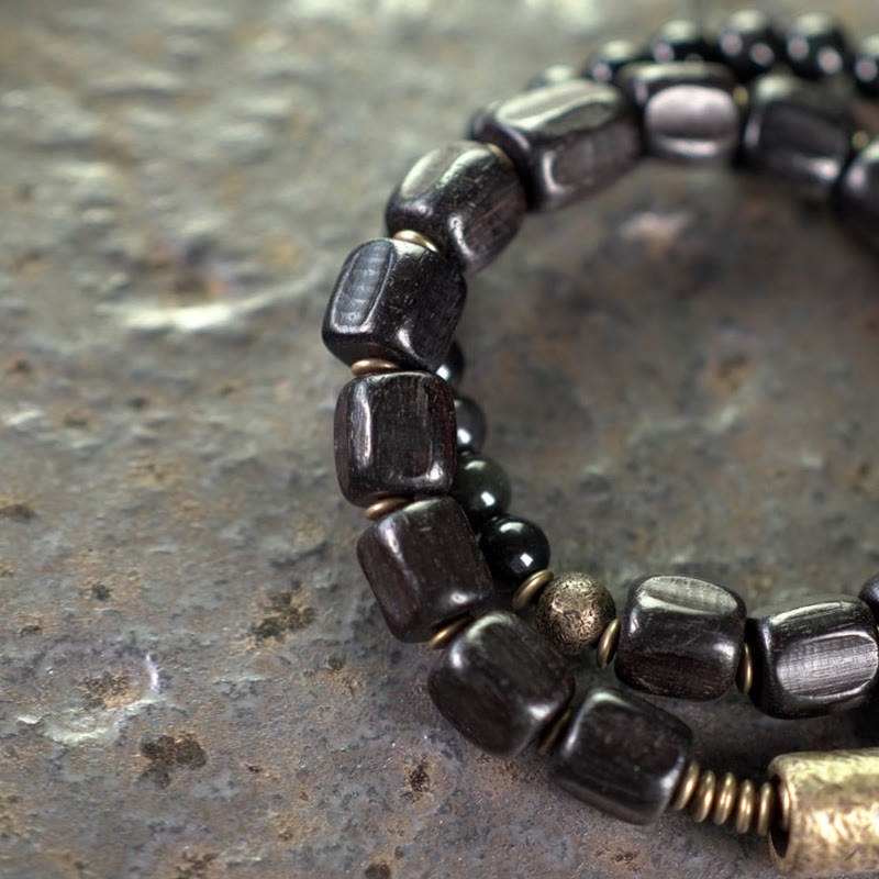 Ebony Wood Black Obsidian Copper Brass Peace Double Wrap Bracelet