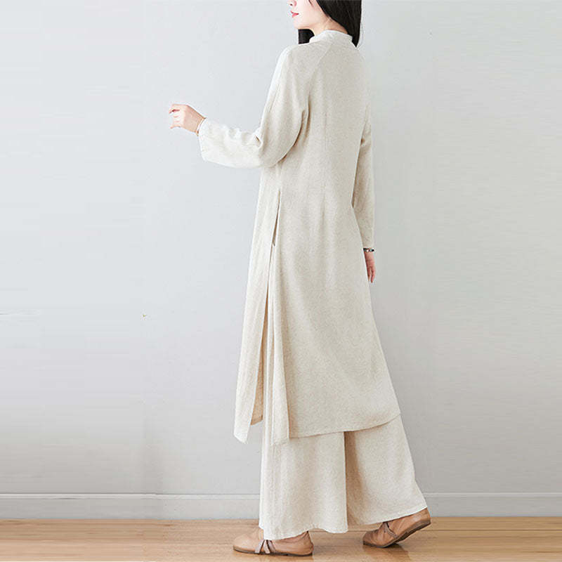 2Pcs Chinese Frog Button Design Zen Tai Chi Meditation Clothing Cotton Linen Top Pants Women's Set
