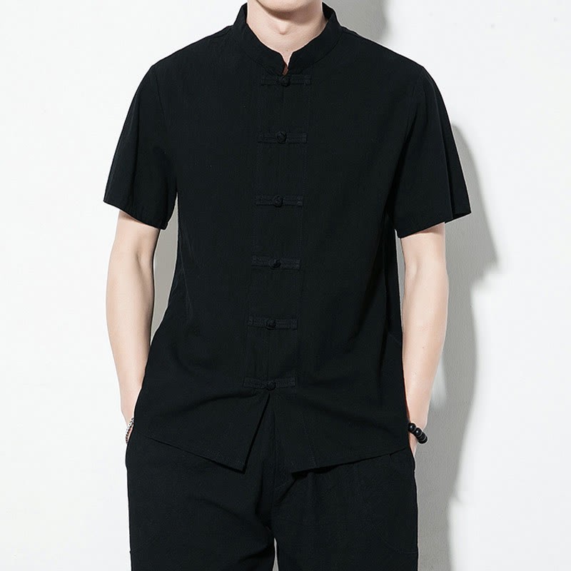 Casual Solid Color Front Frog Buttons Chinese Tang Suit Short Sleeve Linen Men's Shirt