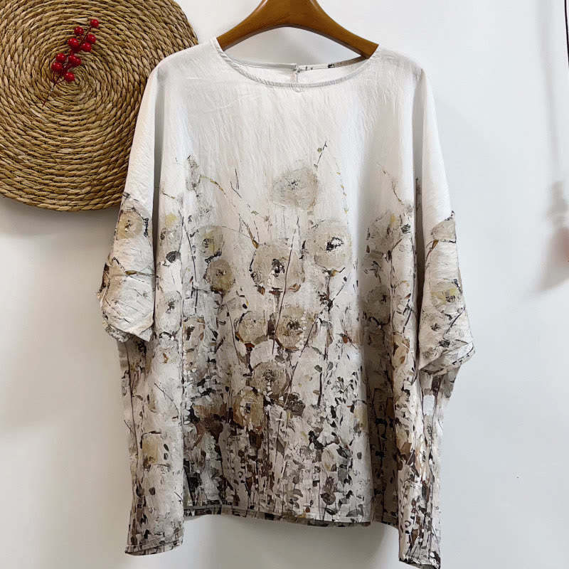 Casual Loose Printed Petal Bush Women's Crew Neck Design Half Sleeve Polyester T-shirt