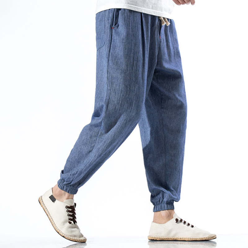 Casual Solid Color Drawstring Linen Men's Pants With Pockets