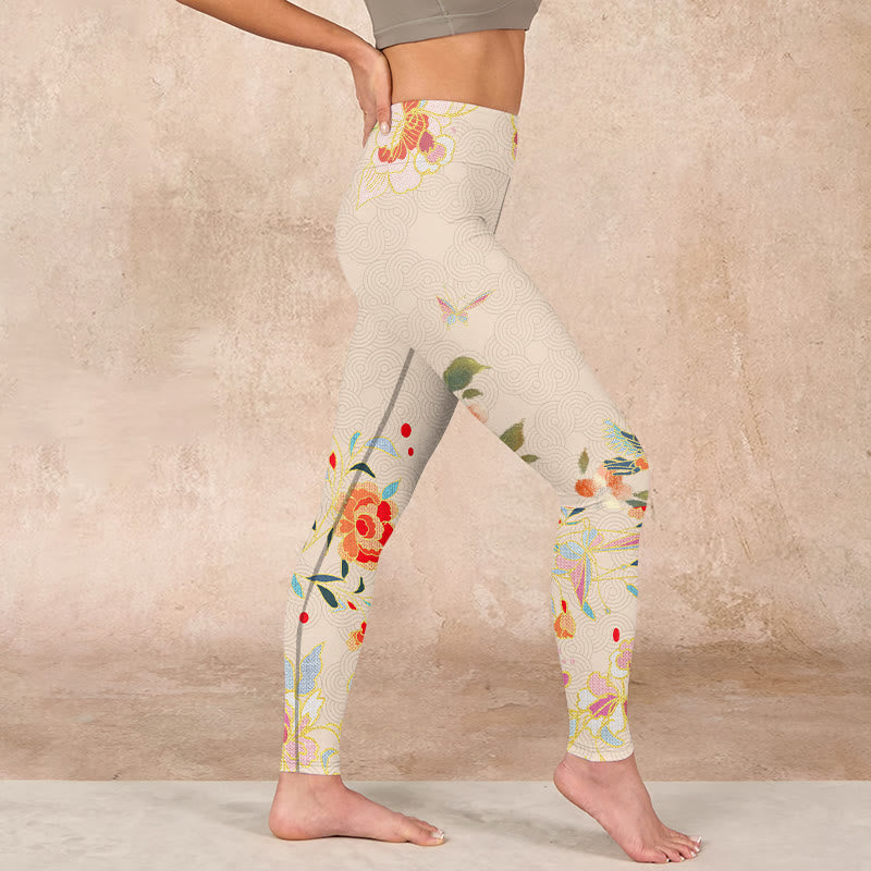 Apricot Butterfly Peony Flowers Leaves Print Gym Leggings Women's Yoga Pants