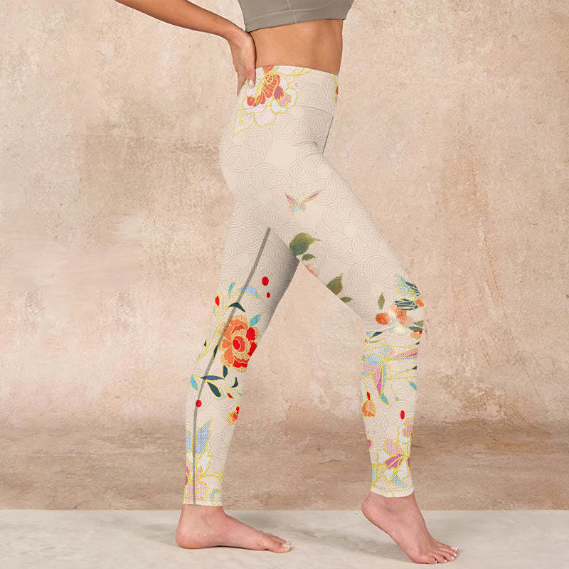 Apricot Butterfly Peony Flowers Leaves Print Gym Leggings Women's Yoga Pants
