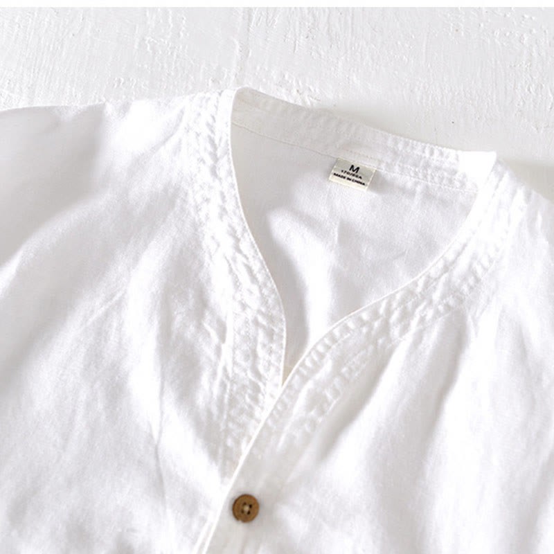 Summer Stand Collar Short Sleeve Cotton Linen Half Button Men's Shirt