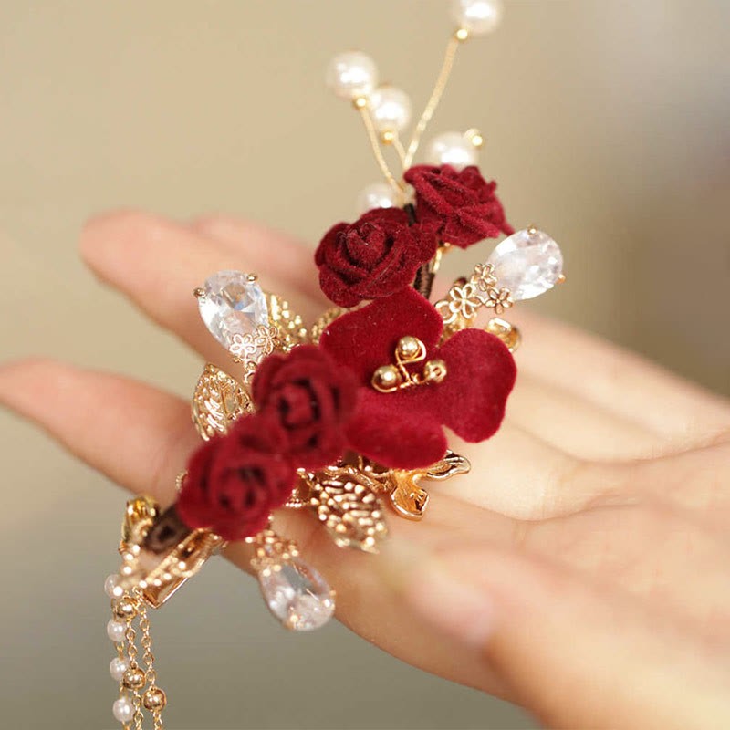 Retro Chinese Style Red Camellia Flower Tassel Side Hair Clip